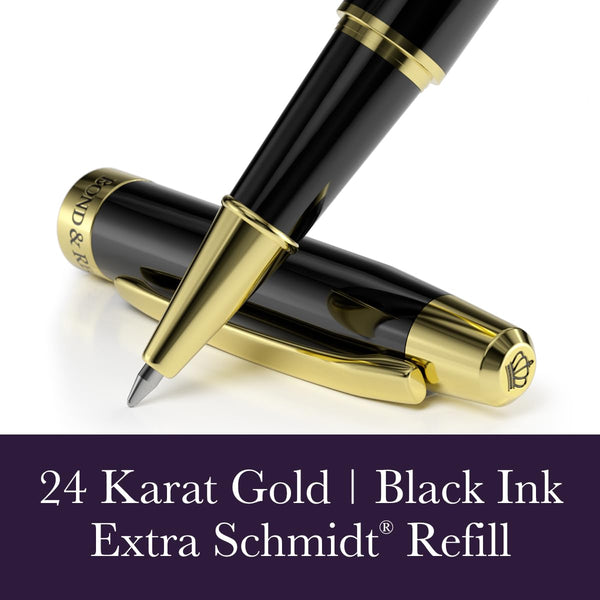 Bond & Regent Gloss Black & 24 Karat Gold - Certified Luxury Grade Rollerball Pen | Nice Gift for Men & Women