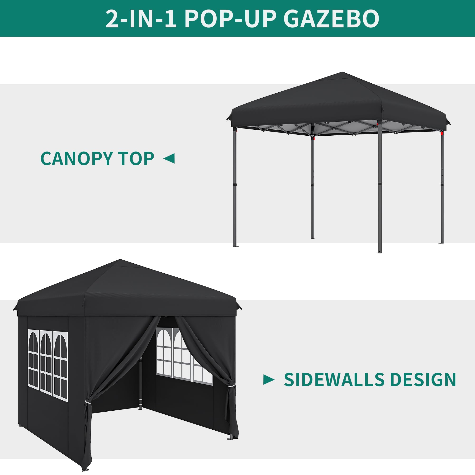 YITAHOME 3x3M Outdoor Pop Up Gazebo with Sides and Windows, Waterproof Folding Garden Canopy All Seasons Camping Gazebo Anti-UV with Adjustable Height Stakes Rope Carry & Weight Bags for Party Event