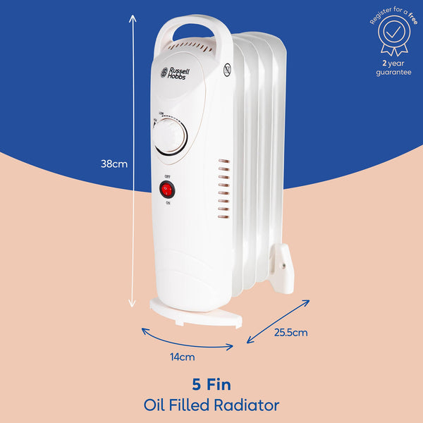 Russell Hobbs 1500W/1.5KW Oil Filled Radiator, 7 Fin Portable Electric Heater - White, Adjustable Thermostat with 3 Heat Settings, Safety Cut-off, 15 m sq Room Size, RHOFR5001, 2 Year Guarantee