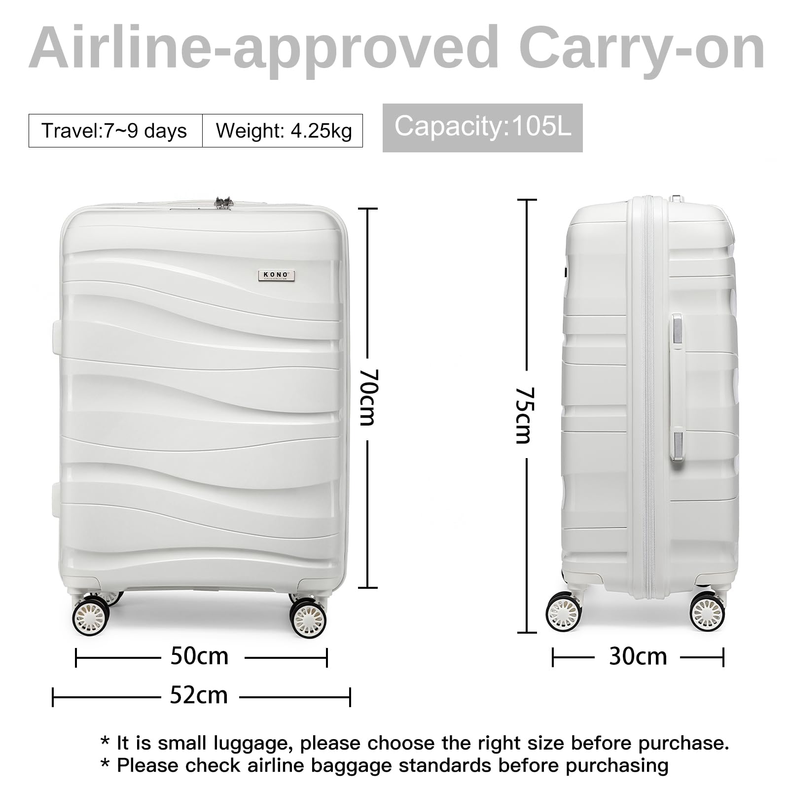 Kono Luggage Sets of 2 Piece Lightweight Polypropylene Hard Shell Suitcase with TSA Lock Spinner Wheels Travel Carry On Hand Cabin Luggage with Beauty Case (Set of 2, Black)