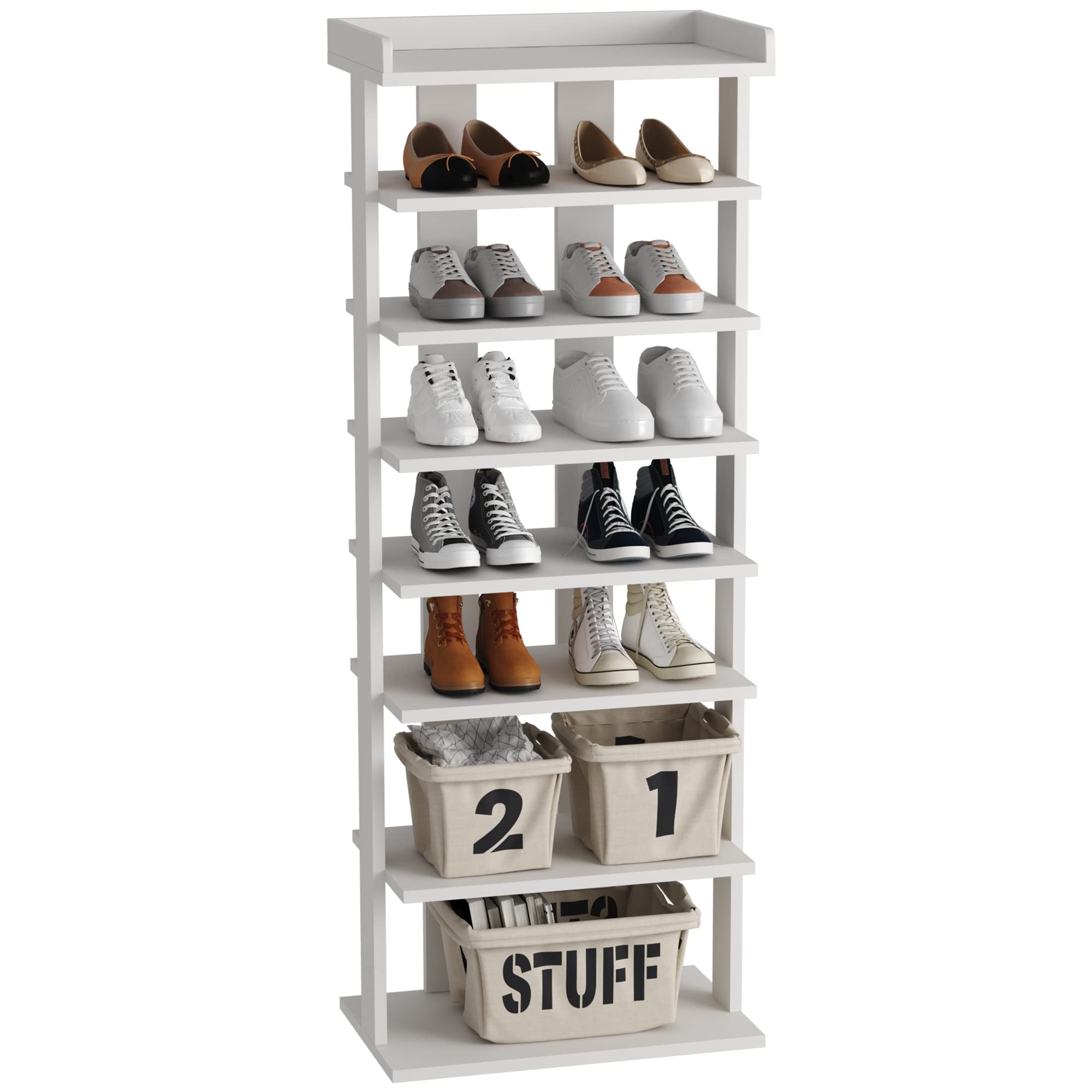 HOME BI Narrow Shoe Rack, Double Rows 7-Tier Wood Shoe Shelf, Vertical Shoe Storage Cabinet, Shoes Tower Organizer for Narrow Closet, Entryway,