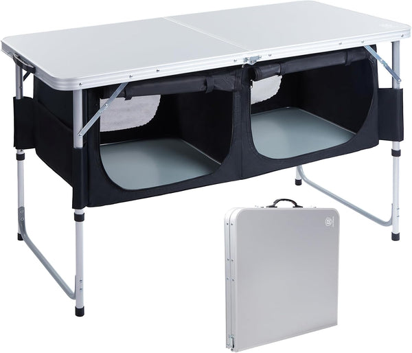 EVER ADVANCED Folding Table Camping 4ft with Storage, Aluminum Composite Desktop, Foldable Table with Adjustable Legs, Fold up Table Picnic Outdoor Fold away Table