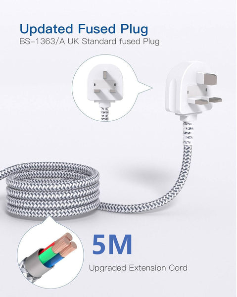 Black Extension Lead with USB Slots，6 Way Outlets 5 USB(5A, 1 USB- C and 4 USB-A Port) with 1.6M Braided Extension cord, 3250W Overload Protection，Security Surge Protection Plug Extension Socket