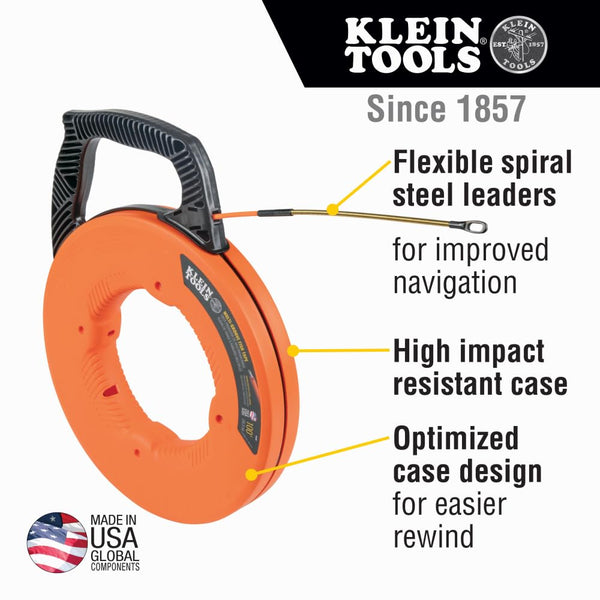 KLEIN TOOLS 56382 Fish Tape, Multi-Groove Fiberglass Wire Puller with Nylon Tip, Optimized Housing and Handle,Orange/Black, 15 m