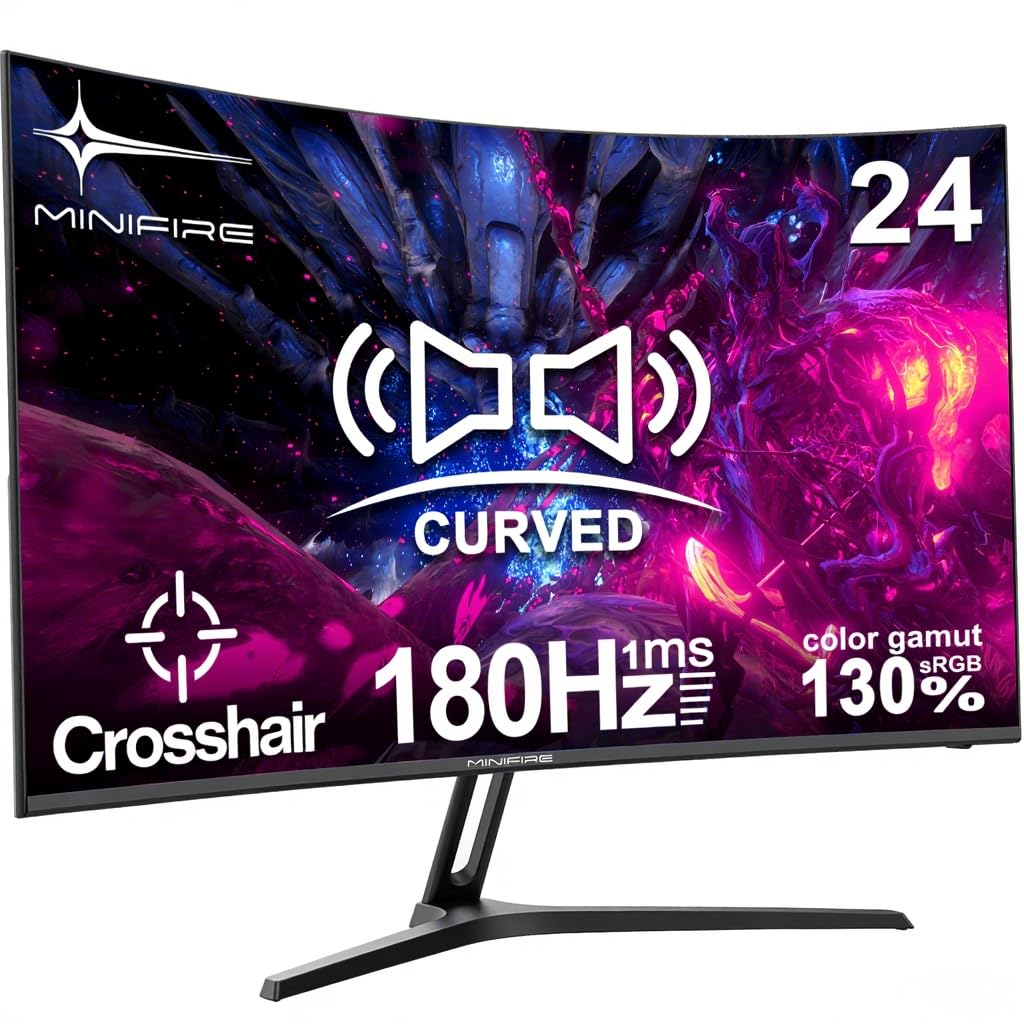 Minifire 27 Inch Gaming Monitor, 180Hz, Curved Gaming Monitor, Built in Speaker, Crosshair, 1Ms, sRGB130%, FHD 1080P Computer Screen, VESA Compatible, Eye Care Adaptive Sync HDMI＆DP Prots （MFG27C1 ）