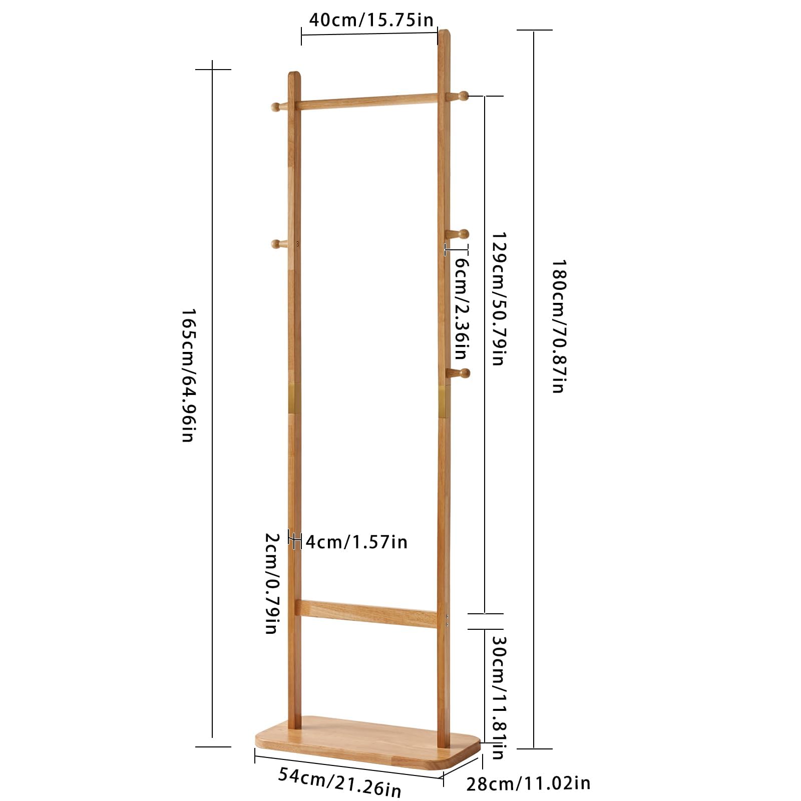 Aibiju Free Standing Coat Rack 180cm Stand with Rectangle Base with 5 Hooks, Wooden Coat Rack with hanging bar, Coat Stand for Purses, Clothes,