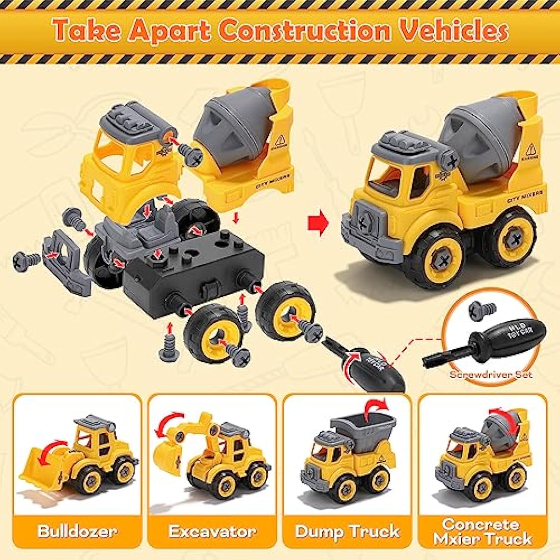 FRUSE Play Construction Sand Kit,Sand Box Toys Set with Play Sand,4 Take Apart Construction Trucks,4 Castle Molds,Sandbox with Lid,Sensory Toys for Kids Boys Girls Age 3-8