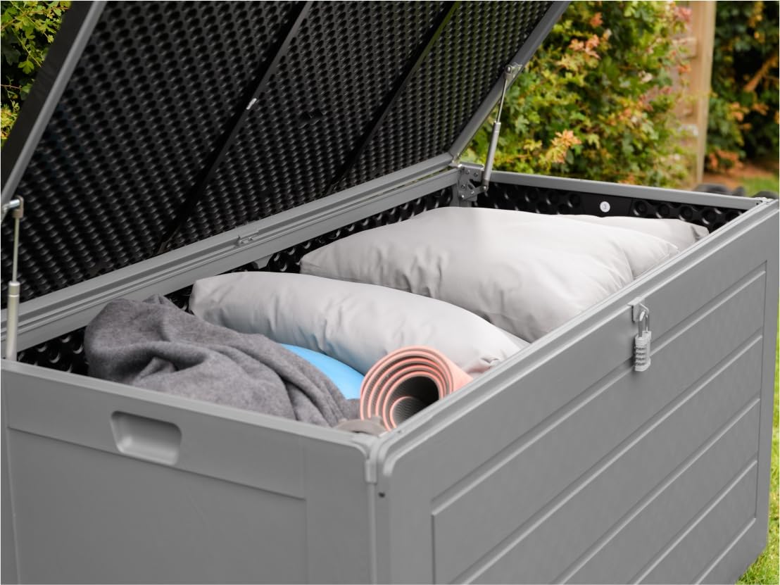 Olsen & Smith 680L Large Garden Storage Box - Weather Resistant Heavy Duty Garden Box with Padlock & Wood Effect - Huge Capacity Outdoor Storage Chest for Tools, Cushions, Toys & More (Anthracite)