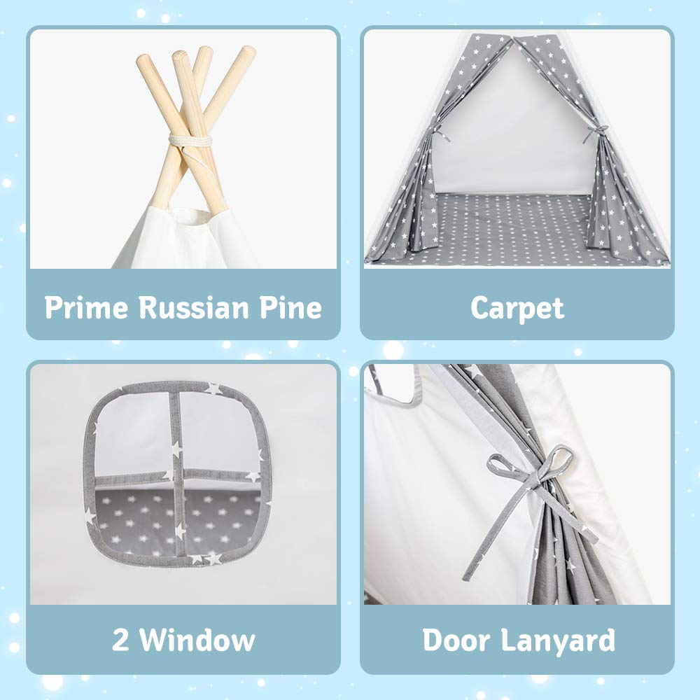 Wilwolfer Teepee Tent for Kids Foldable Children Play Tent for Girl and Boy with Carry Case 4 Poles White Canvas Playhouse Toy for Indoor and Outdoor Games