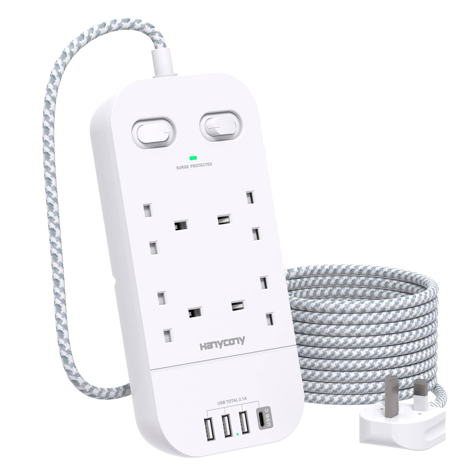 4 Way Surge Protected Extension Lead with USB Slots, HANYCONY Extension Cable with Double Switches, Plug Extension Socket 1.8M Braided Extension Cord for Home Office Accessories, Gray