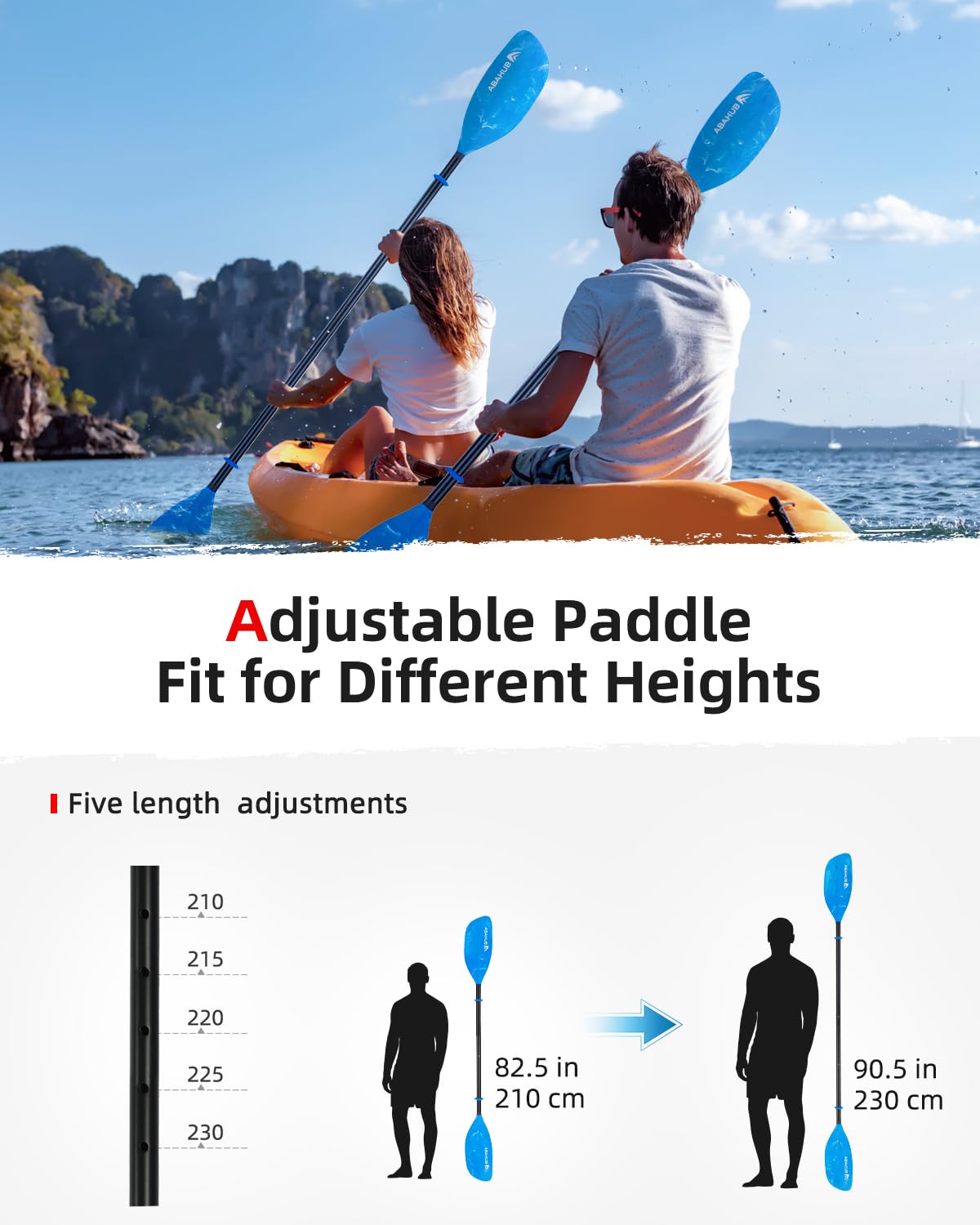 Abahub Adjustable Kayak Paddle 210-230 cm/82-90 Inches Floating Kayaking Oars Boating Oars Canoeing Oars Blue with White Wave Print