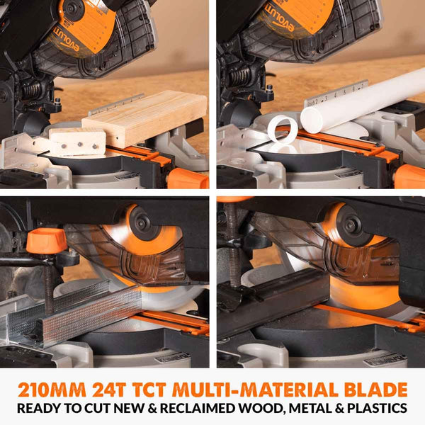 Evolution Power Tools R210CMS Compound Miter Saw Multi-Material Cutting TCT Blade Included Cuts Wood Metal Plastic & More, 45° - 45° Degree Miter & 45˚ Degree Bevel Angles, 1200W, 210mm