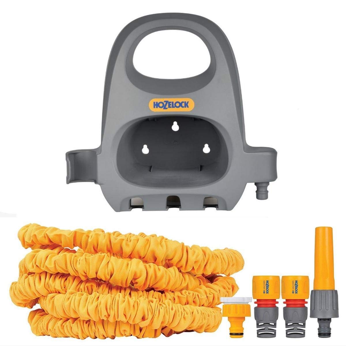 HOZELOCK - Superhoze : Expandable Hose 15m with Hose Hanger : Flexible Hose with Storage Hanger, Stretches 3x Original Length, 2 Aquastop Fittings for