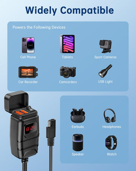 ZEXMTE 12V USB Socket, Quick Charge 3.0 Dual USB Motorcycle Socket with On/Off Switch and LED Voltmeter, Waterproof SAE-to-Dual USB Car Adapter for 12~24V Motorcycle Motorhome Boat