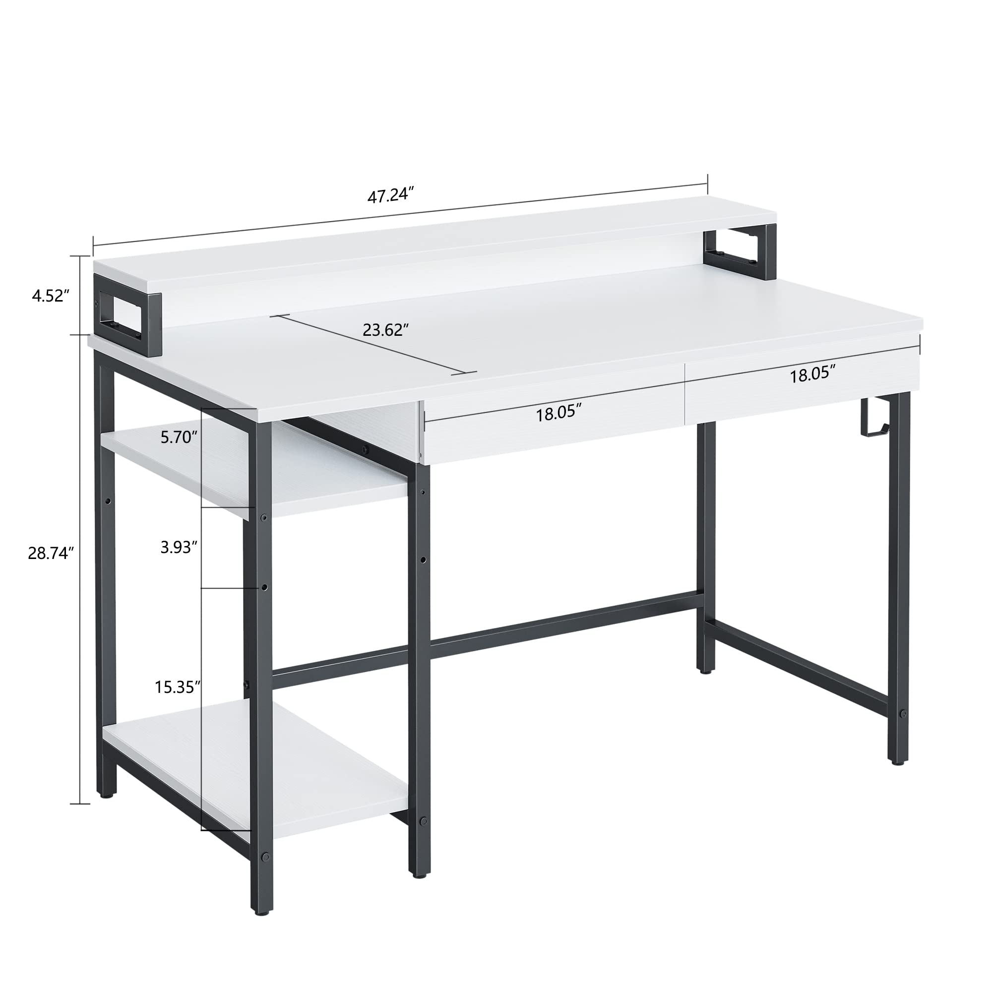 CubiCubi Computer Desk with Monitor Stand and Storage Shelves, 120cm Home Office Desk Study Writing Table, White