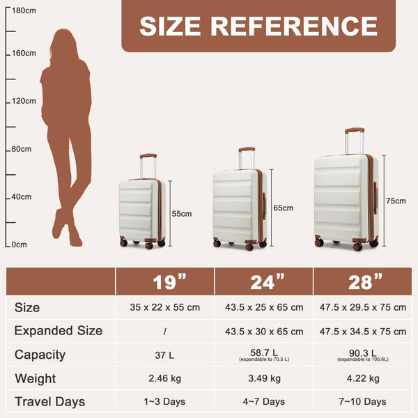 Kono Lightweight 28" Large Suitcase | Hard Shell with TSA Lock | 4 Dual Spinner Wheels | Expandable Design for Easy Travel | Perfect for Business & Vacation (Cream White,75x47.5x29.5cm)