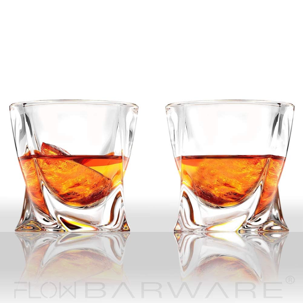 FLOW Barware Deluxe Whiskey Decanter and Glass Set | Twist Design Decanter Set & 2 Whiskey Glasses with 6 Granite Whiskey Stones | Whisky Decanter