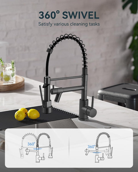 Warmiehomy 5 Modes Kitchen Taps Mixer with Pull Out Spray,High Arc 360° Swivel Dual Spout Pull Down Stainless Steel Kitchen Sink Taps,Brushed Nickel