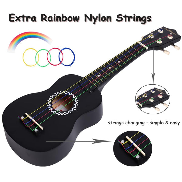 ADM Soprano Ukulele Set for Kids and Beginners, Ukulele Starter Kit with Bag, Clip-On Tuner, Rainbow Strings, Colourful Strap, Plectrum, Fingerboard Sticker, Chord Card (Dark Blue)