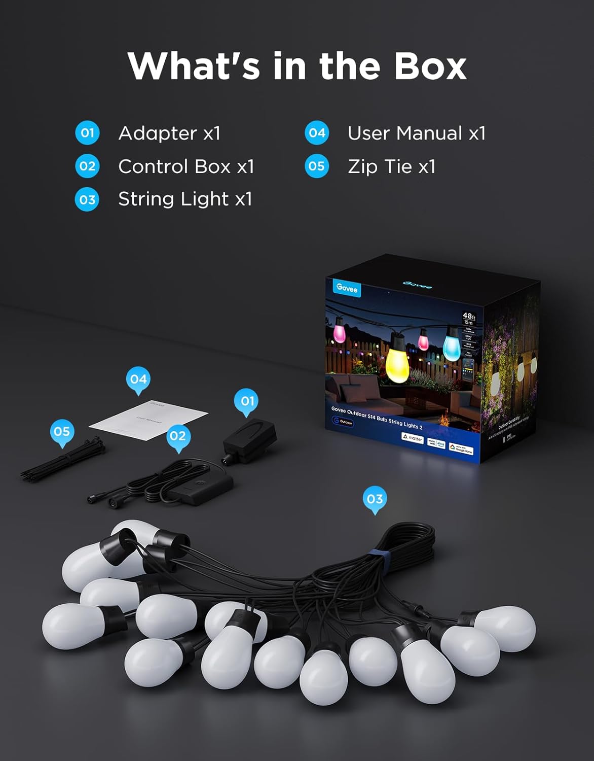 Govee Outdoor String Lights 15M, Smart RGBIC Dimmable Lights Warm White LED Bulbs, IP66 Waterproof Garden Lights with 111 Scene Modes, Works with Alexa, Google Assistant, Matter for Backyard, Party