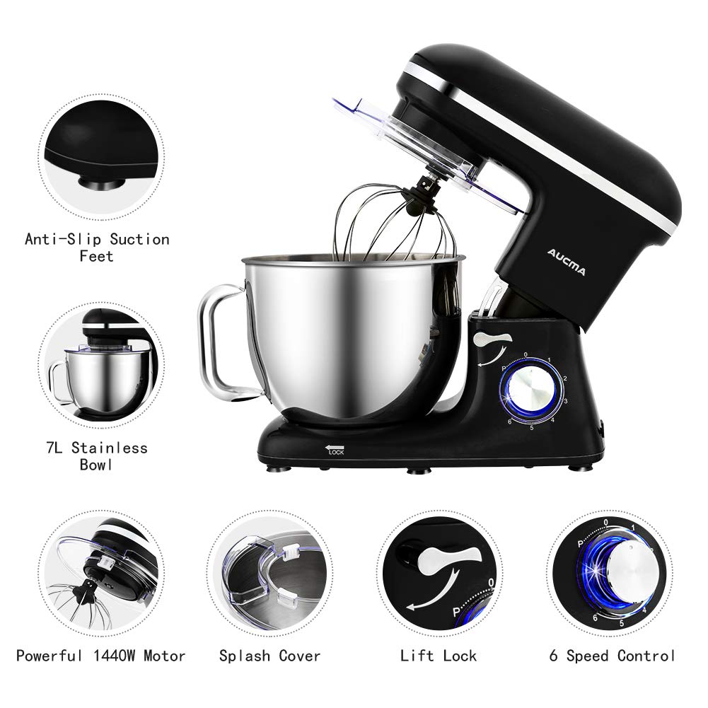 Aucma Stand Mixer, 6.2L Food Mixers for Baking, Electric Kitchen Mixers with Bowl, Dough Hook, Wire Whip & Beater (6.2L, Black)
