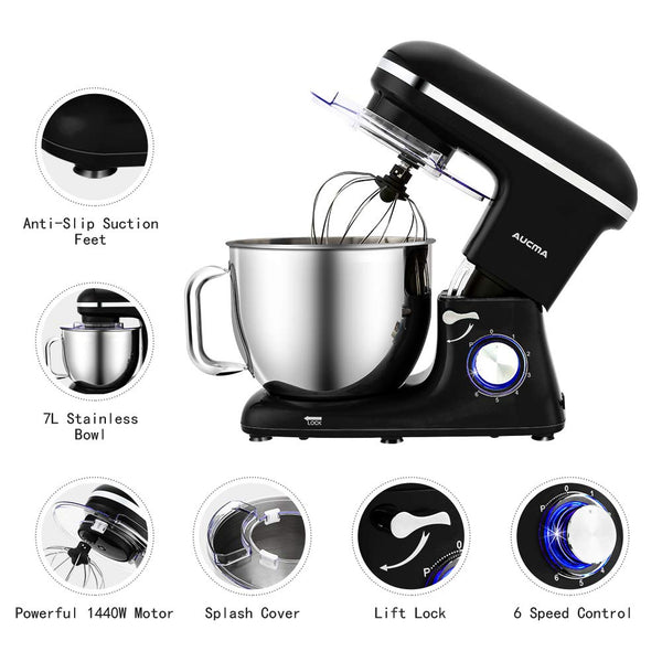 Aucma Stand Mixer, 6.2L Food Mixers for Baking, Electric Kitchen Mixers with Bowl, Dough Hook, Wire Whip & Beater (6.2L, Black)