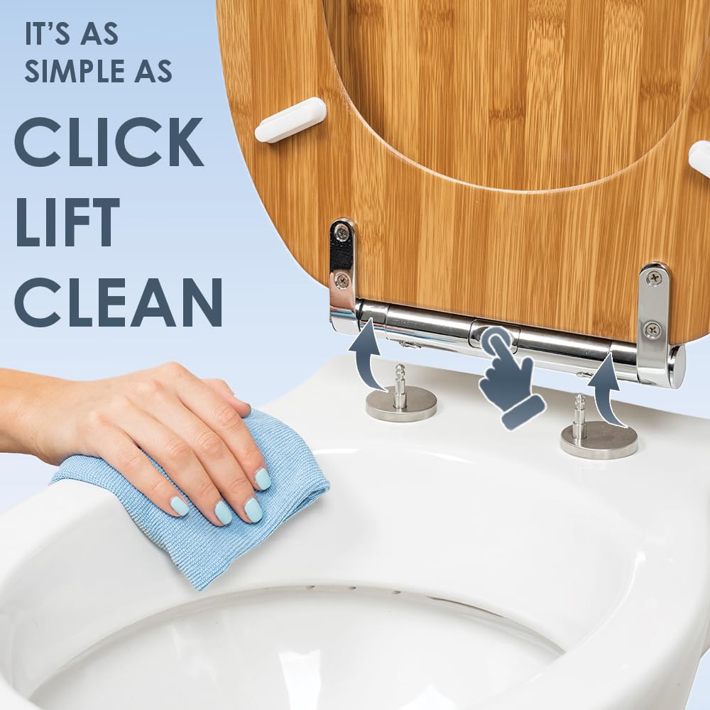 AQUALONA® Luxury Soft Close Toilet Seat - Moulded Wood - Stainless Steel Slow Close Hinges - Click, Lift & Clean Technology (Bamboo Toilet Seat)