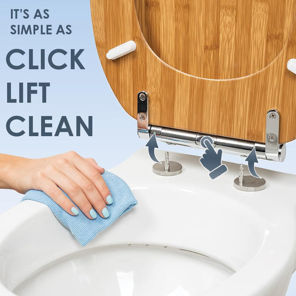 AQUALONA® Luxury Soft Close Toilet Seat - Moulded Wood - Stainless Steel Slow Close Hinges - Click, Lift & Clean Technology (Bamboo Toilet Seat)