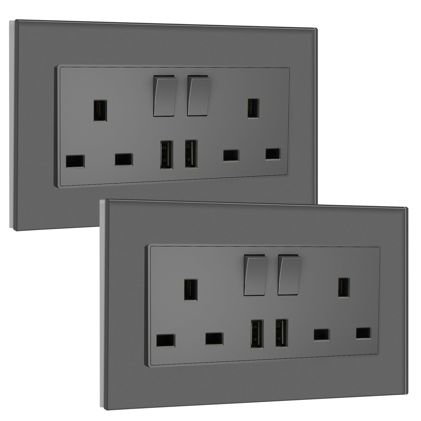 BSEED Double Socket 13A with LED Indicator, Double Switched Wall Socket 2 Gang UK Standard, Electric Switched Plug Power Wall Outlet with Glass Panel, Grey