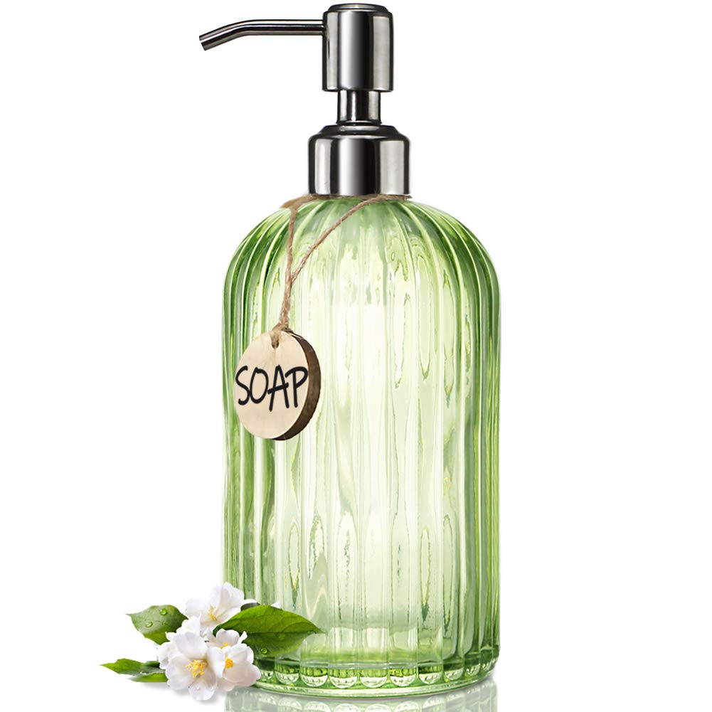JASAI 18 Oz Vertical Striped Green Soap Dispenser with 304 Rust Proof Stainless Steel Pump, Refillable Lotion Soap Dispenser for Bathroom, Kitchen,