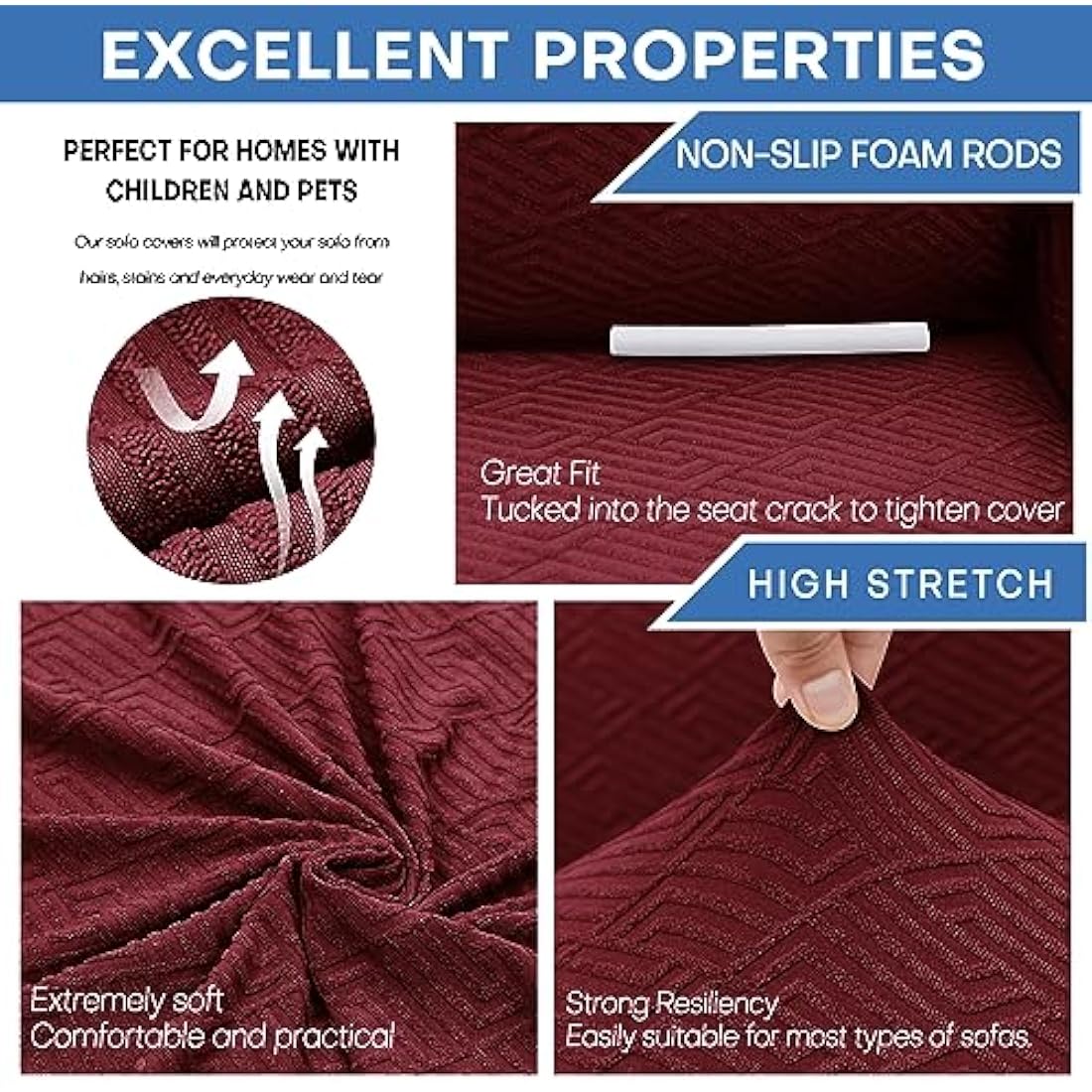 XINEAGE High Stretch Sofa Covers 3 Seater Latest Jacquard 1 Piece Sofa Slipcovers Living Room Universal Couch Covers for Dogs Pet Non Slip Sofa Furniture Protector Washable (3 Seater, Wine Red)