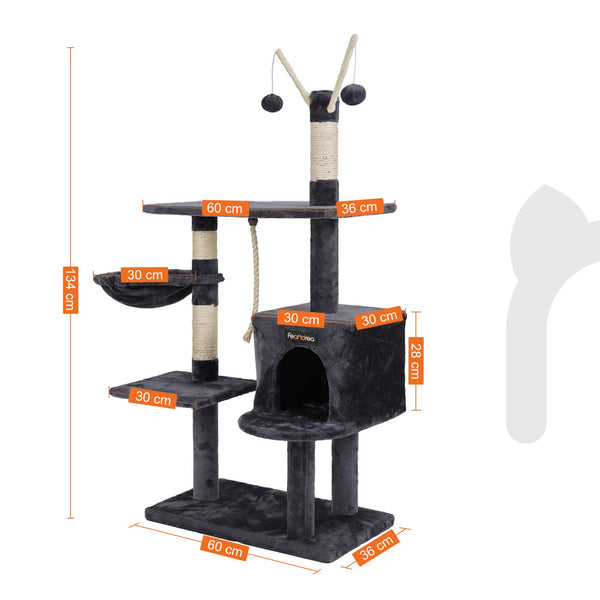 FEANDREA 134 cm Cat Tree Scratcher with big platform cat houses horsetail decorative balls Grey M PCT35G