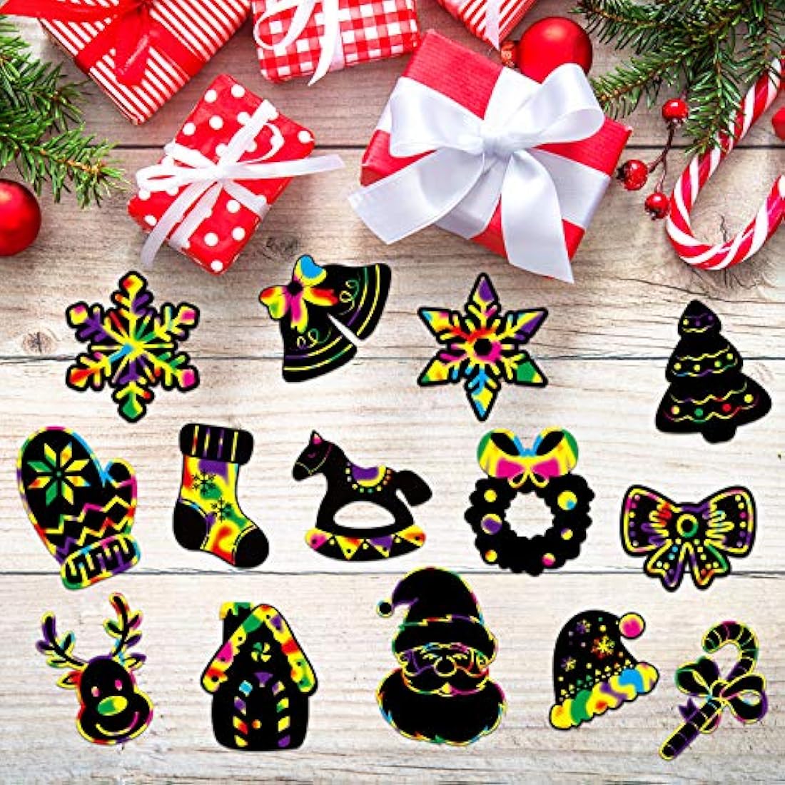 LOKIPA Christmas Scratch Paper Art Ornaments,80 Rainbow Magic Scratch Off Paper Cards with Drawing Sticks&Ribbon for Christmas Decoration