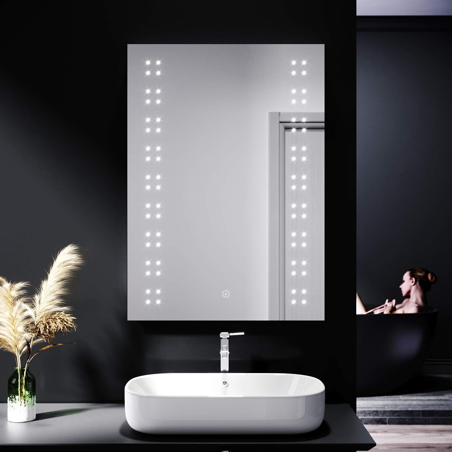 ELEGANT 500 x 700mm Modern Heated LED Illuminated Vertical Rectangle Bathroom Mirror Lights Touch Control Switch with Demister Pad/Shaver Socket