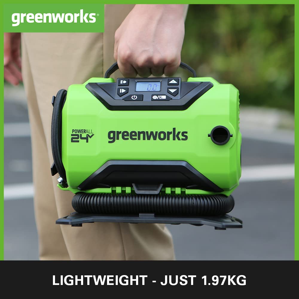 Greenworks G24IN Tyre Inflator Car Air Compressor Cordless Portable Air Pump, 11 Bar, 160 PSI Pressure Gauge, Auto Shut-Off WITHOUT 24V Battery & Charger, Green, Grey, Black