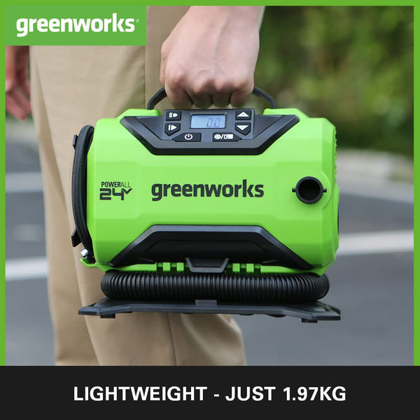 Greenworks G24IN Tyre Inflator Car Air Compressor Cordless Portable Air Pump, 11 Bar, 160 PSI Pressure Gauge, Auto Shut-Off WITHOUT 24V Battery & Charger, Green, Grey, Black