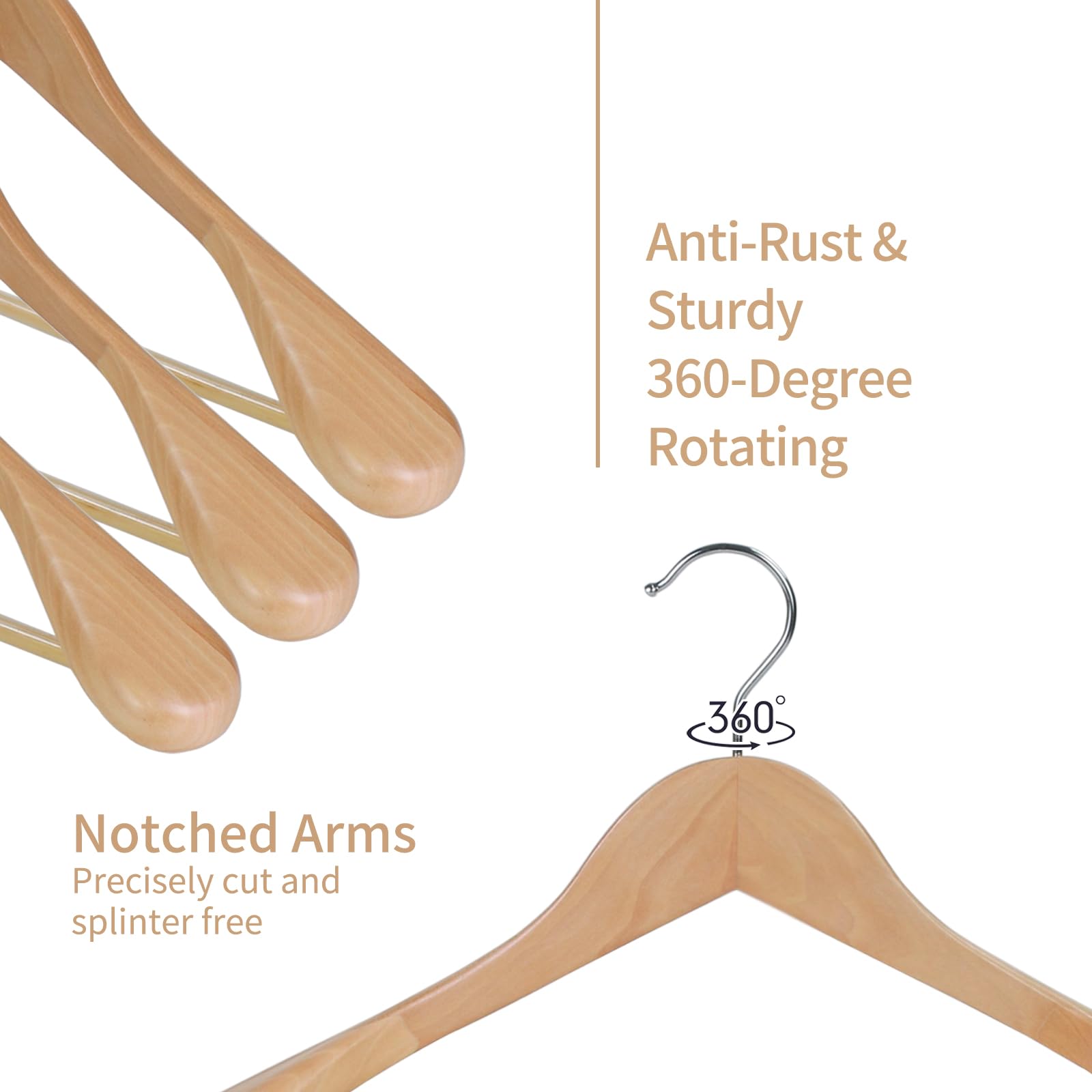 Hangerman Natural Wooden Suit Hangers, 10 Pack Wood Coat Hangers, Jacket Outerwear Shirt Hangers, Glossy Finish with Extra Wide Shoulder, 360 Degree