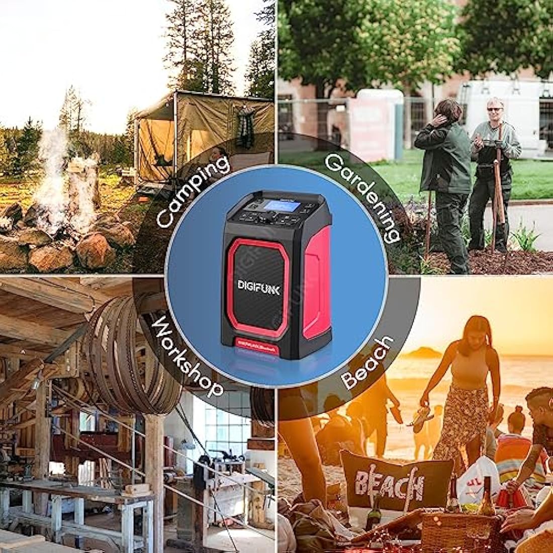 DigiFunk Work Site Radio | USB Rechargeable | DAB+, DAB, FM, Bluetooth, AUX Input | IP65 Waterproof Rugged Durable Design | Perfect for Builders, Outdoors, Warehouse, Garage, DIYer, Shed | Red