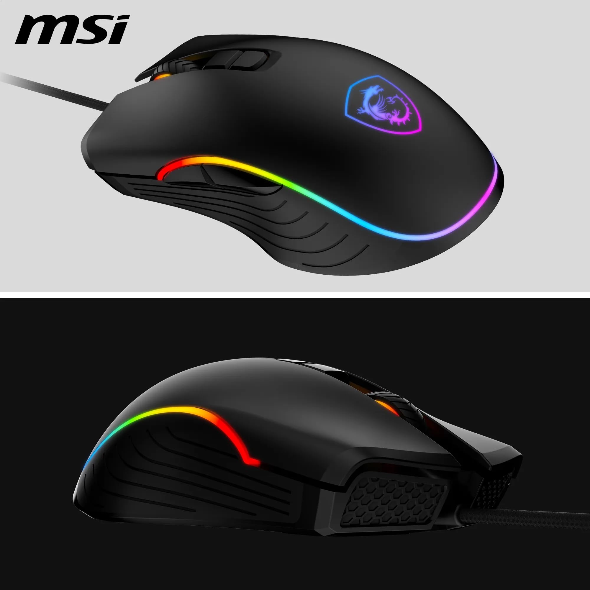 MSI CLUTCH GM51 LIGHTWEIGHT Gaming Mouse - 26000 DPI Optical Sensor, Elite 0.125ms Latency, 60M+ Click OMRON Switches, 6-Buttons, FriXionFree Cable, RGB Diamond LightGrips, 75g - Wired