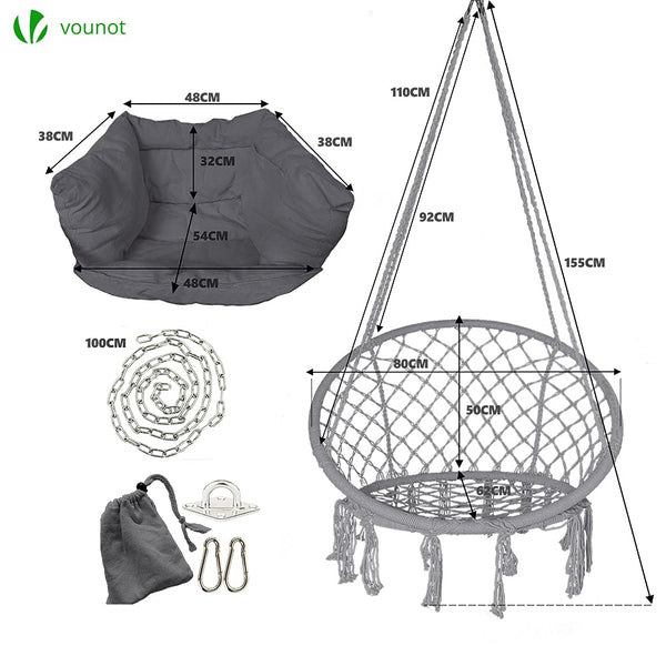 VOUNOT? Hanging Chair with Cushion, Macrame Hammock Swing Chair for Bedroom, Balcony, Patio, Garden, Indoor or Outdoor, 265LBS Capacity, Grey