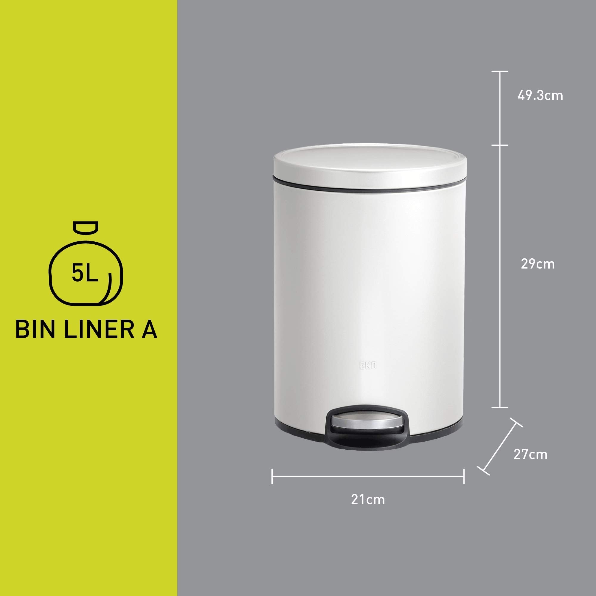 EKO Eva Pedal Bathroom Bin 5 Litres, Rubbish Bin with Soft Close Lid, Removable Inner Bucket, Perfect for Bathroom, Bedroom & Home, White
