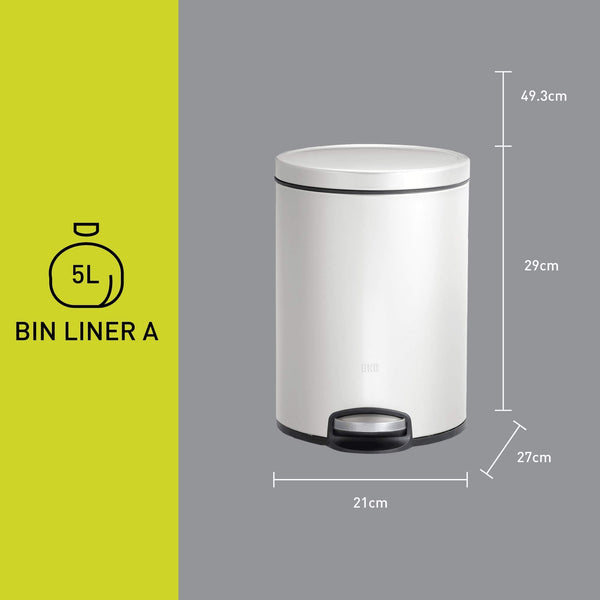 EKO Eva Pedal Bathroom Bin 5 Litres, Rubbish Bin with Soft Close Lid, Removable Inner Bucket, Perfect for Bathroom, Bedroom & Home, White