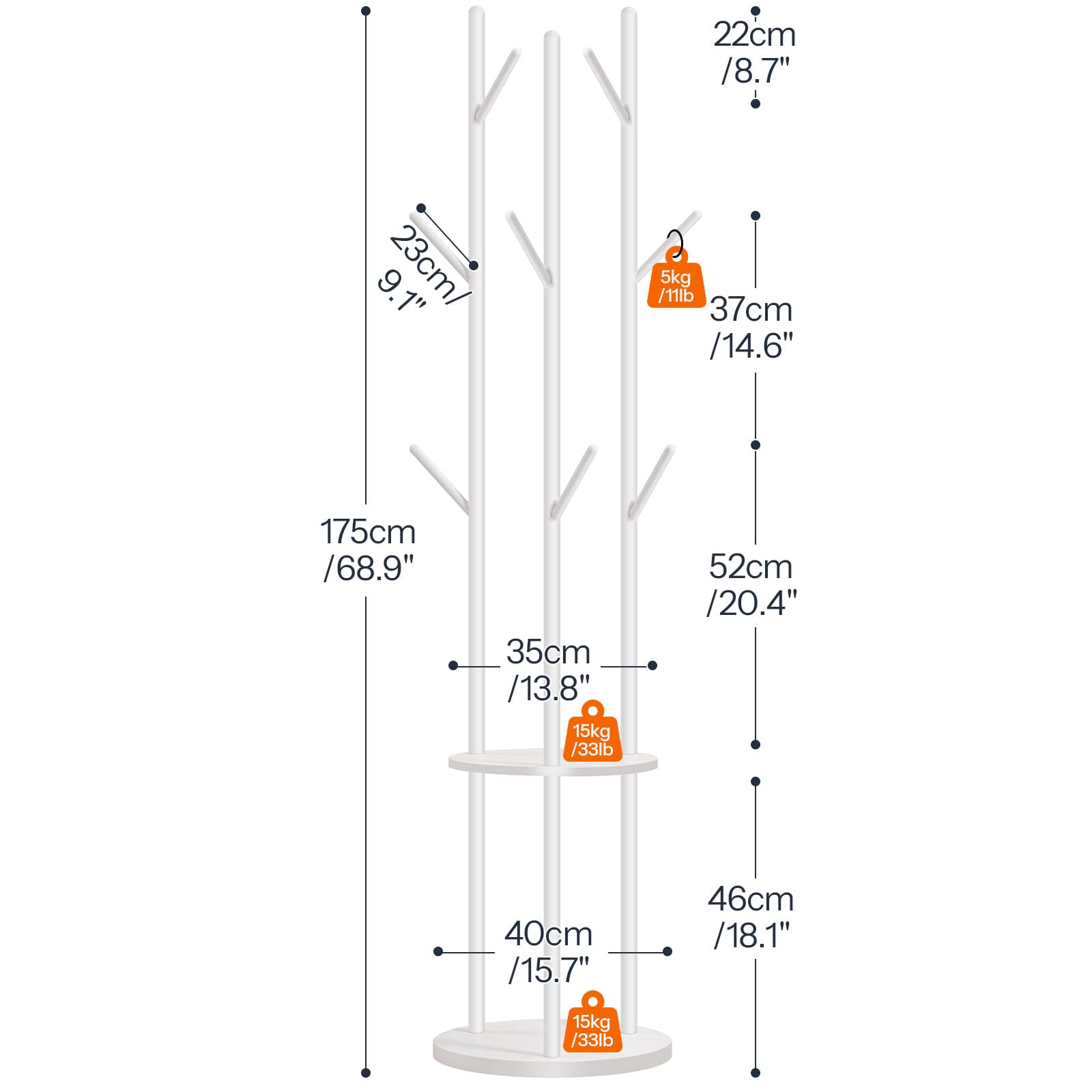 HOOBRO Coat Stand, Coat Rack for Hallway, Freestanding Coat Rack Stand with 8 Hooks, Storage Shelves, Hall Trees for Clothes, White EWT33YM01