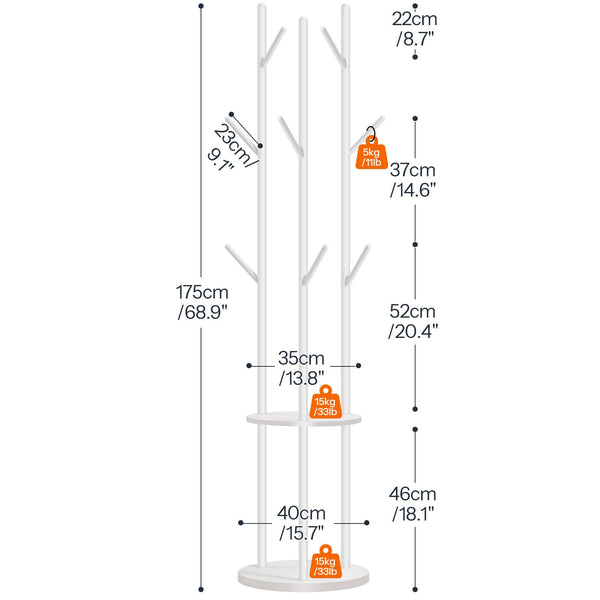 HOOBRO Coat Stand, Coat Rack for Hallway, Freestanding Coat Rack Stand with 8 Hooks, Storage Shelves, Hall Trees for Clothes, White EWT33YM01