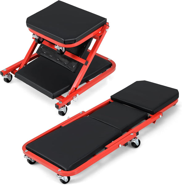COSTWAY 2-in-1 Folding Car Creeper and Seat, 37Inch Padded Mechanics Creeper Stool with 6 Rotatable Wheels, Rolling Garage Work Crawler Board Bench, Maximum Load 150 KG
