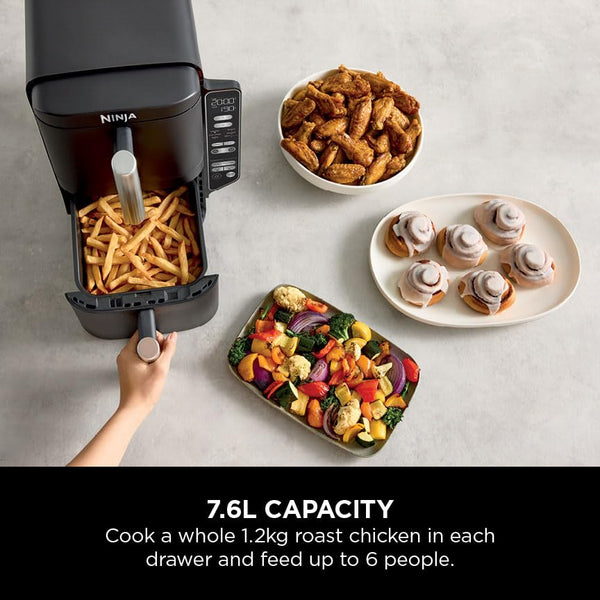 Ninja Double Stack XL Air Fryer, Vertical Dual Drawer AirFryer with 4 cooking levels, 2 Drawers and 2 Racks, Space Saving Design, 9.5L Capacity, 6 Cooking Functions, 8 Portions, Grey, SL400UK