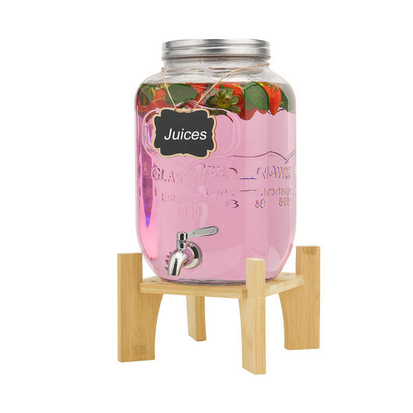 8L Glass Drink Dispenser with Stainless Tap, Glass Beverage Dispenser for Parties, Beverage Dispenser with Faucet and Bamboo Stand, Water Jug with Tap
