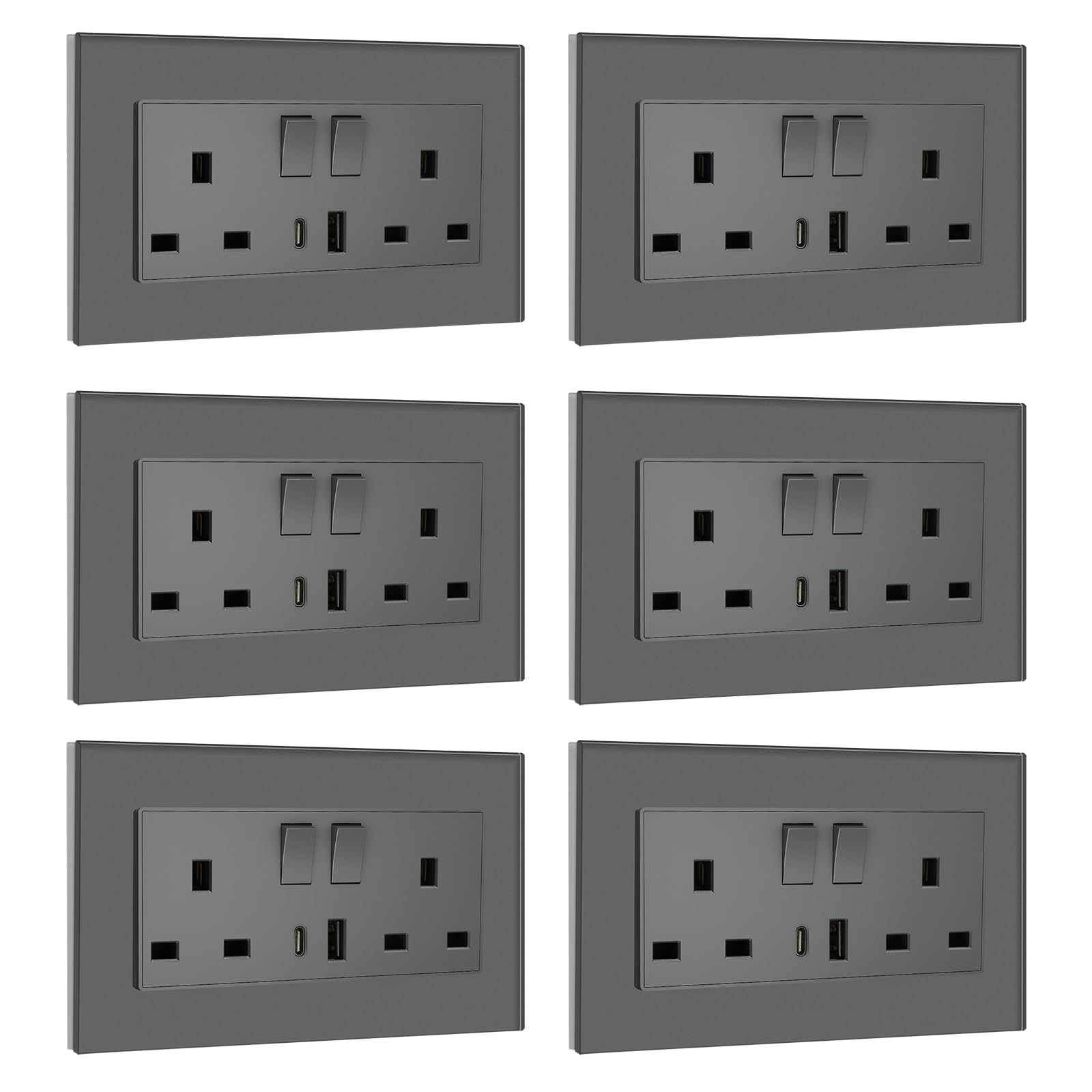 BSEED Double Socket 13A with LED Indicator, Double Switched Wall Socket 2 Gang UK Standard, Electric Switched Plug Power Wall Outlet with Glass Panel, Grey