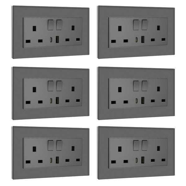 BSEED Double Socket 13A with LED Indicator, Double Switched Wall Socket 2 Gang UK Standard, Electric Switched Plug Power Wall Outlet with Glass Panel, Grey