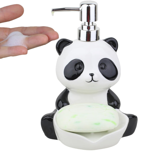 Ceramic panda-shaped soap dispenser, 2-in-1 hand soap bottle with soap dish, cute animal-shaped household soap dispenser and soap dish for kitchen,
